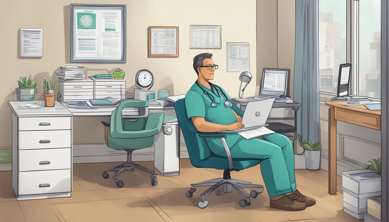 A doctor's office with a desk stacked with paperwork, a computer, and a poster about weight loss injections. A patient sits in a chair, talking to the doctor