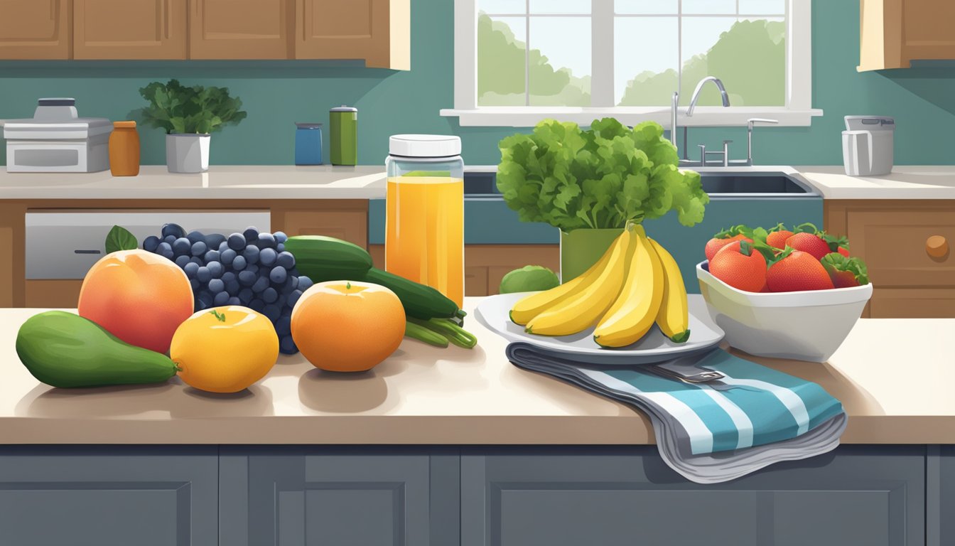 A kitchen counter with fresh fruits, vegetables, a water bottle, and a pair of running shoes