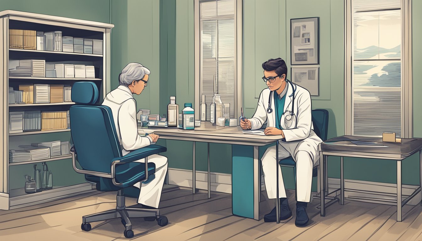 A doctor's office with a medical professional preparing a syringe and vial, while a patient sits in a chair, looking nervous