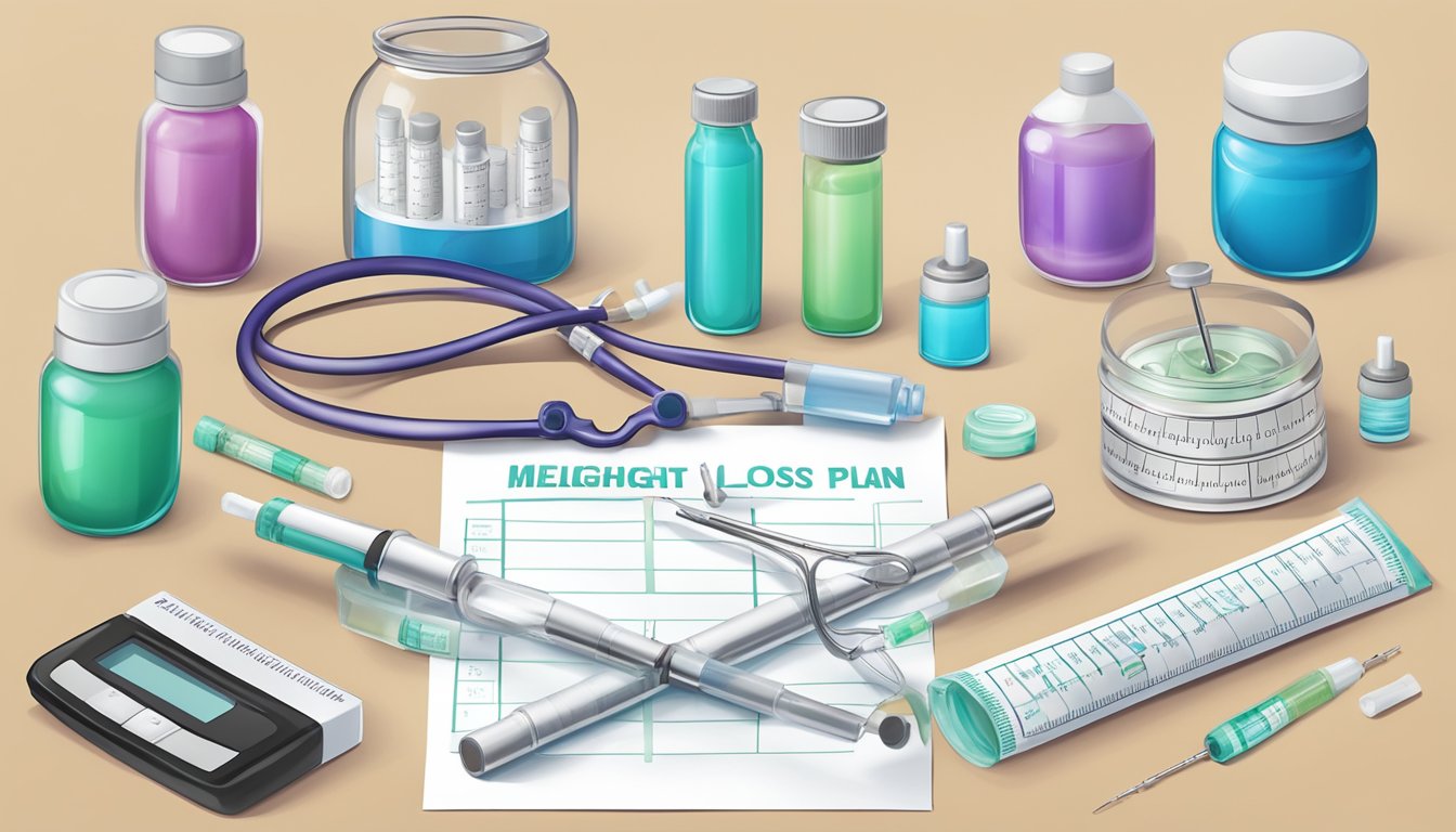 A table with a personalized weight loss plan, syringe, and medical supplies laid out, ready for the first weight loss injection