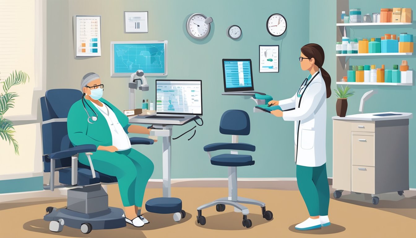 A doctor's office with a scale, medical supplies, and a patient chair. A nurse prepares a weight loss injection while a doctor reviews charts