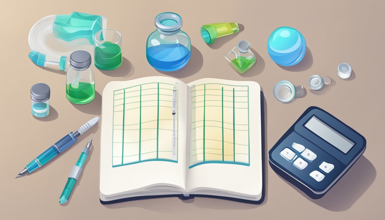 A scale with a syringe and vial next to it, surrounded by a journal and pen for tracking progress