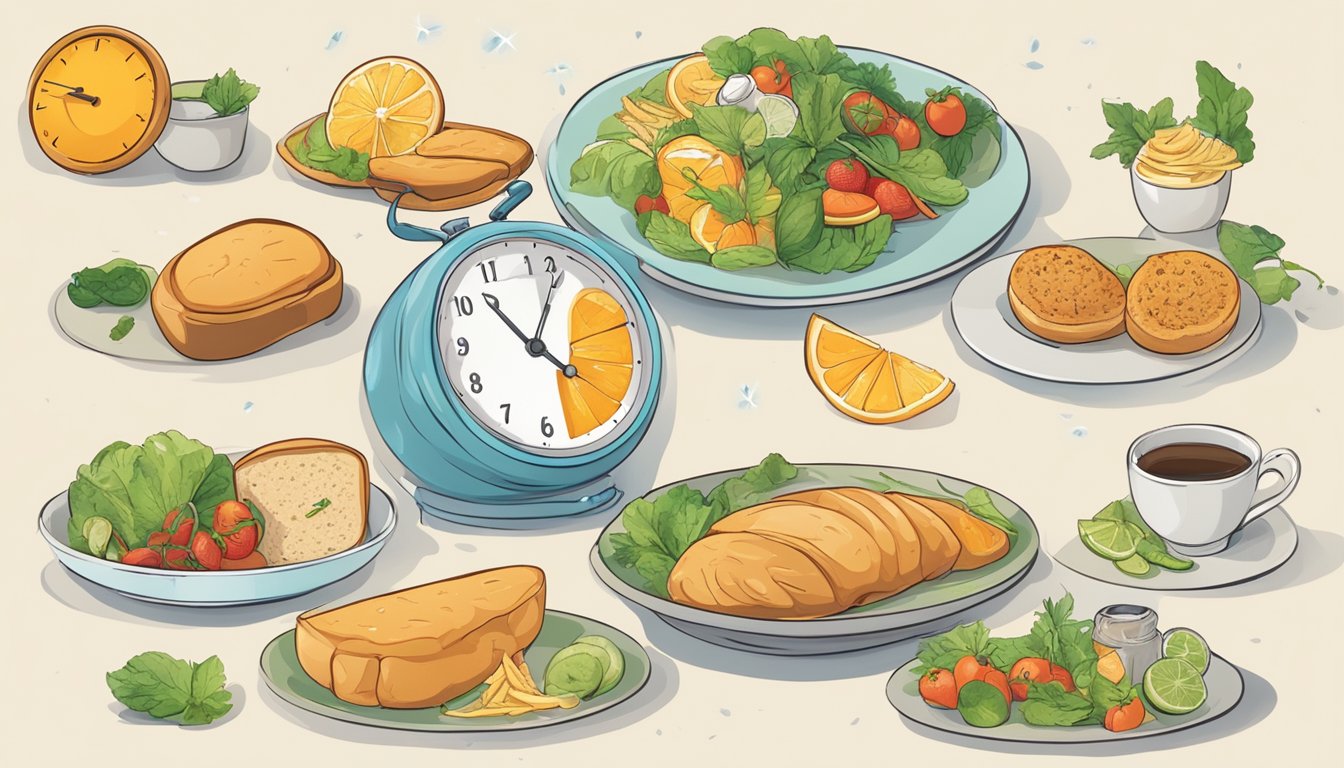 A clock showing different time intervals, a plate of food, and a body experiencing changes in energy levels and mood