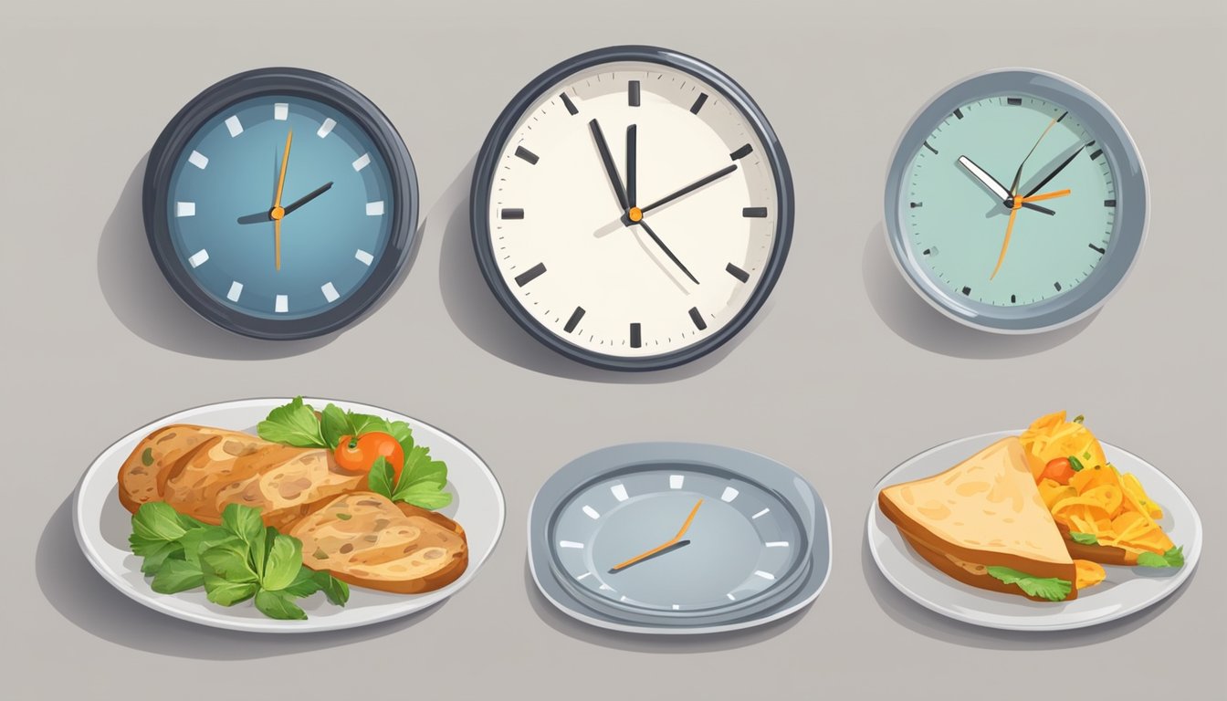 A clock showing different times of day with a plate of food and an empty plate, symbolizing the concept of intermittent fasting