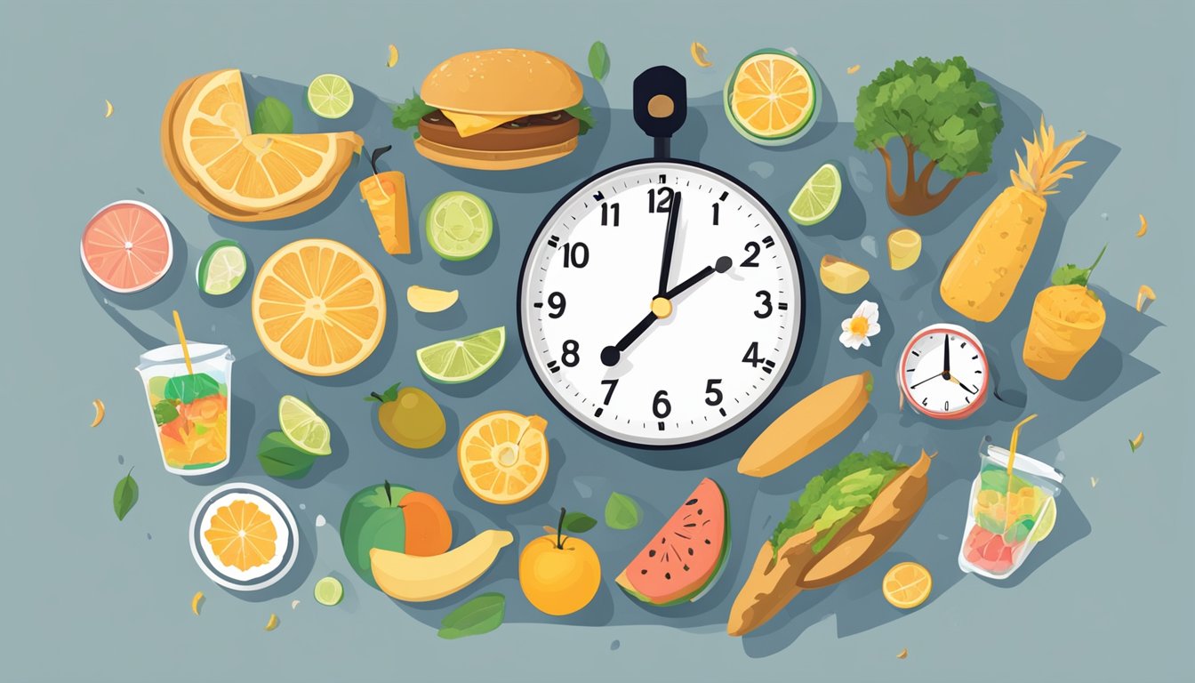 A clock showing different times of day, with food and drink items arranged around it to represent the different eating windows of an intermittent fasting plan