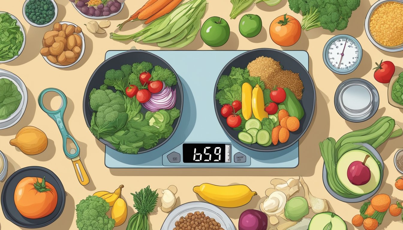 A person measuring out portions of food on a kitchen scale, surrounded by a variety of healthy, whole foods