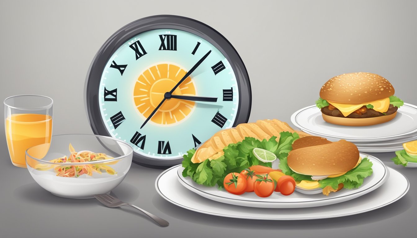 A clock showing different times of day, with a plate of food and an empty plate, to represent the concept of intermittent fasting