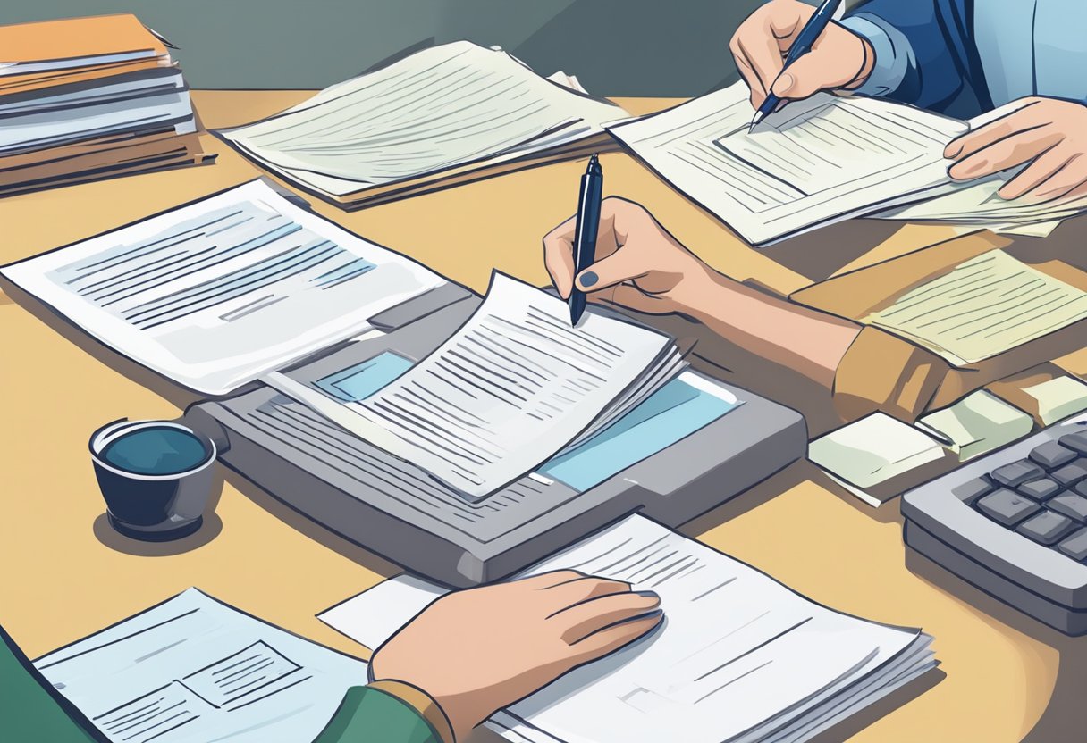 A person completing paperwork, selecting a beneficiary for their RDSP, with a pen and official documents on a desk