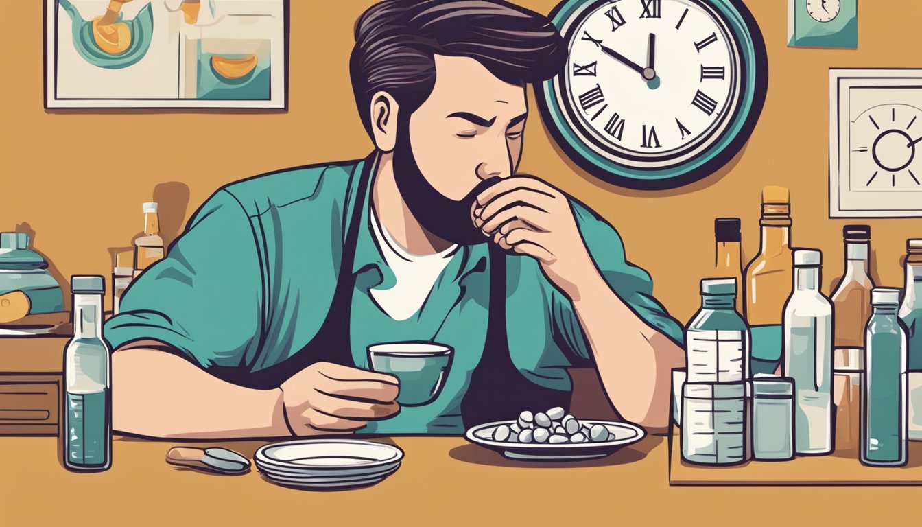 A person refraining from eating while holding a bottle of painkillers and looking at a clock