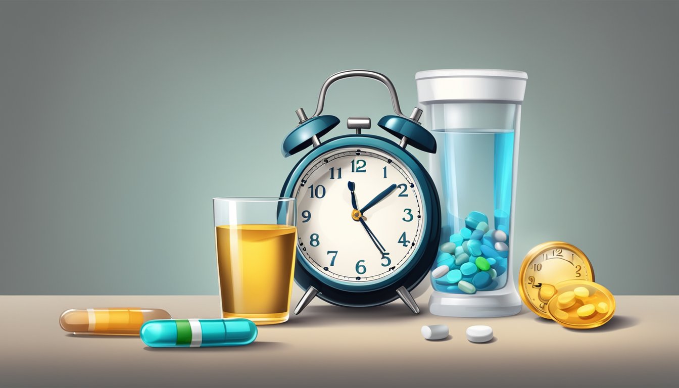 A clock showing the time for fasting and another for medication, with a pill bottle and glass of water nearby