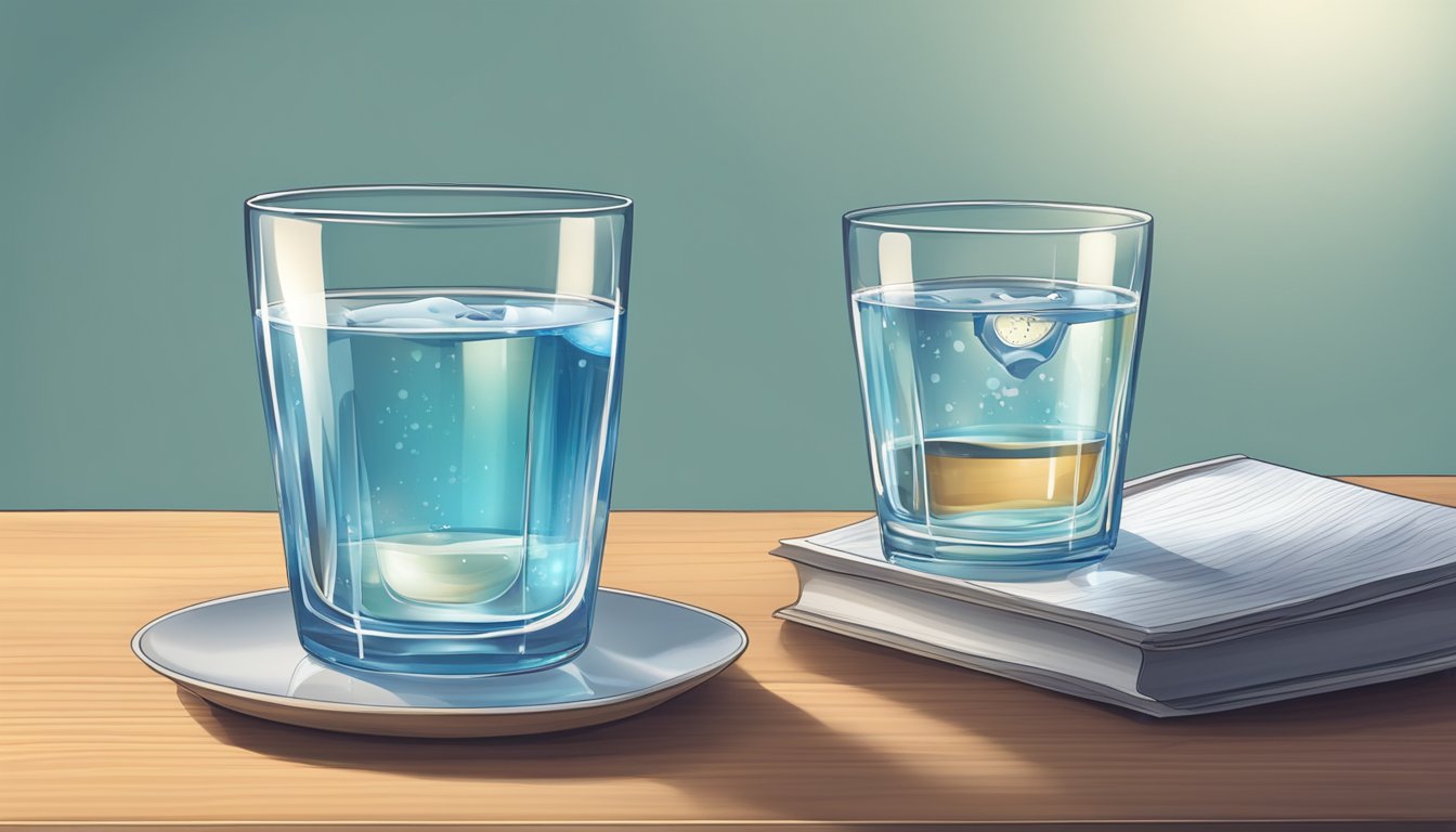 A glass of water sits on a table beside a clock showing the time during a period of fasting