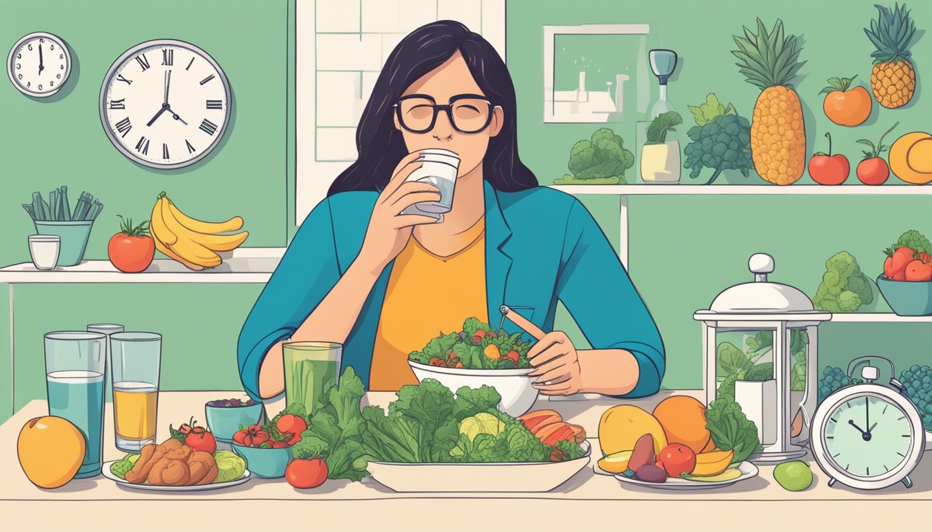 A person sitting at a table with a glass of water in front of them, surrounded by various healthy food options and a clock indicating the time for intermittent fasting