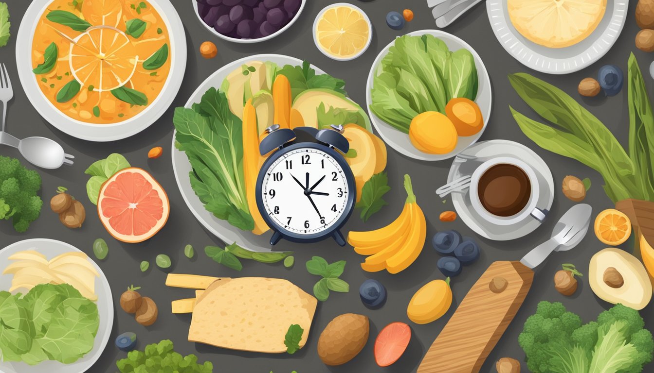 A table with various healthy food options and a clock showing the time for intermittent fasting