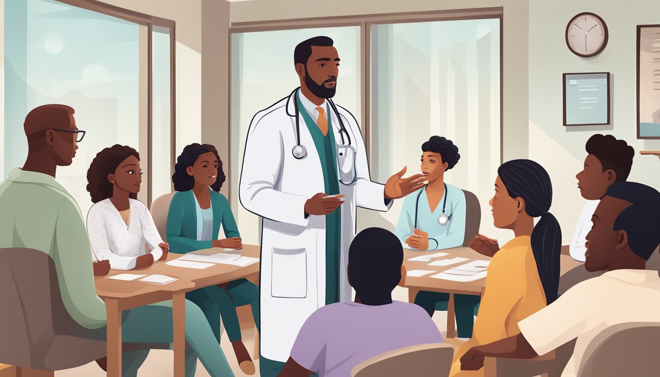 A doctor explaining fasting to a diverse group of patients in a clinic setting