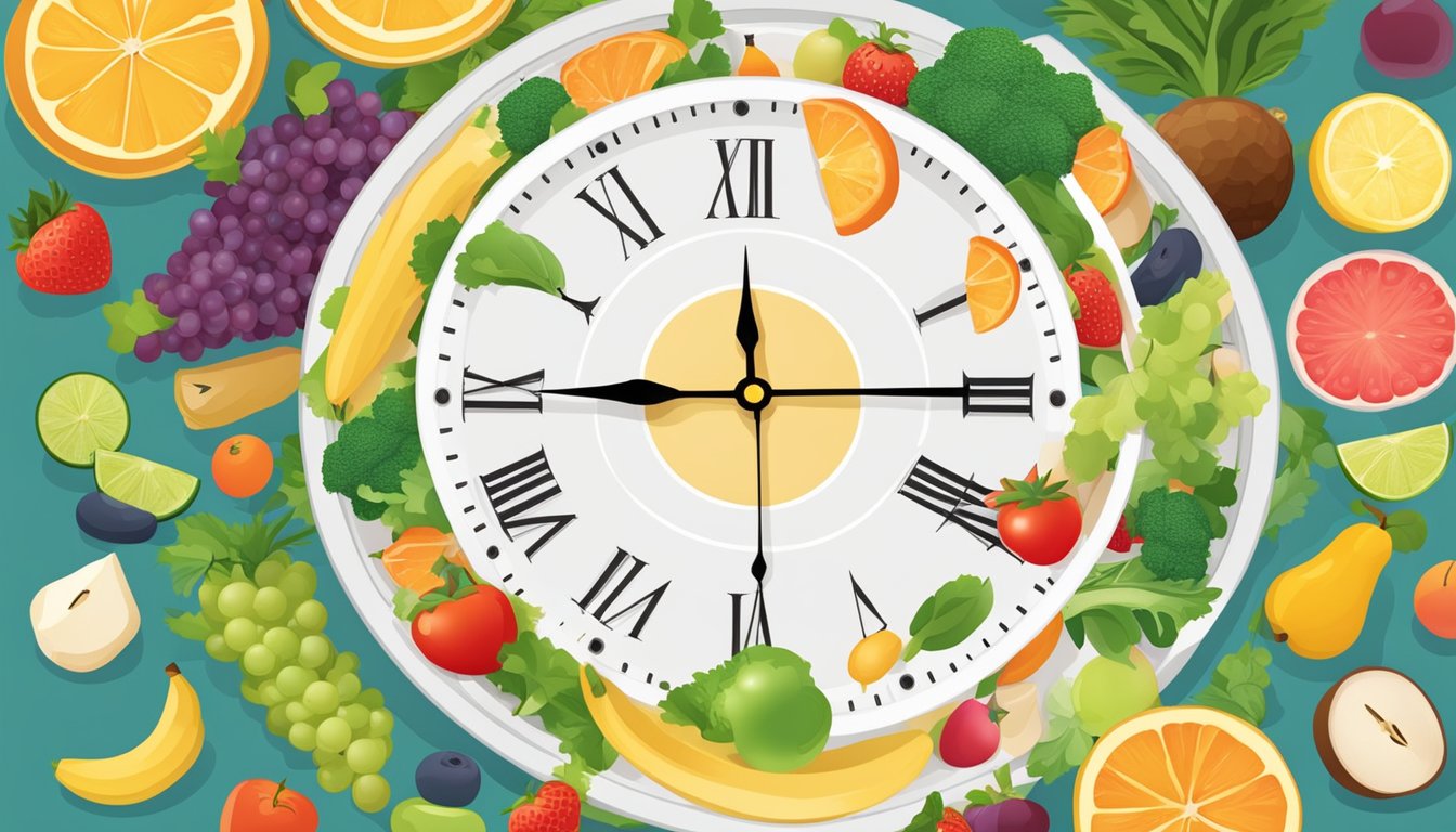 A clock showing the time for fasting and eating patterns, surrounded by healthy food options like fruits, vegetables, and lean proteins