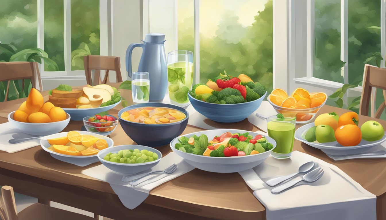 A table set with a variety of healthy foods and a glass of water, surrounded by a calm and serene environment