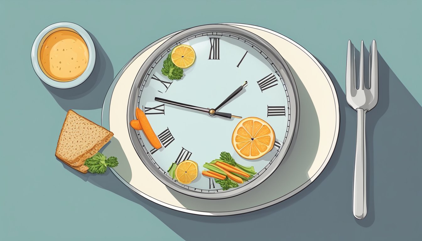 A clock with a plate of food on one side and an empty plate on the other, symbolizing the concept of intermittent fasting and its potential effects on weight