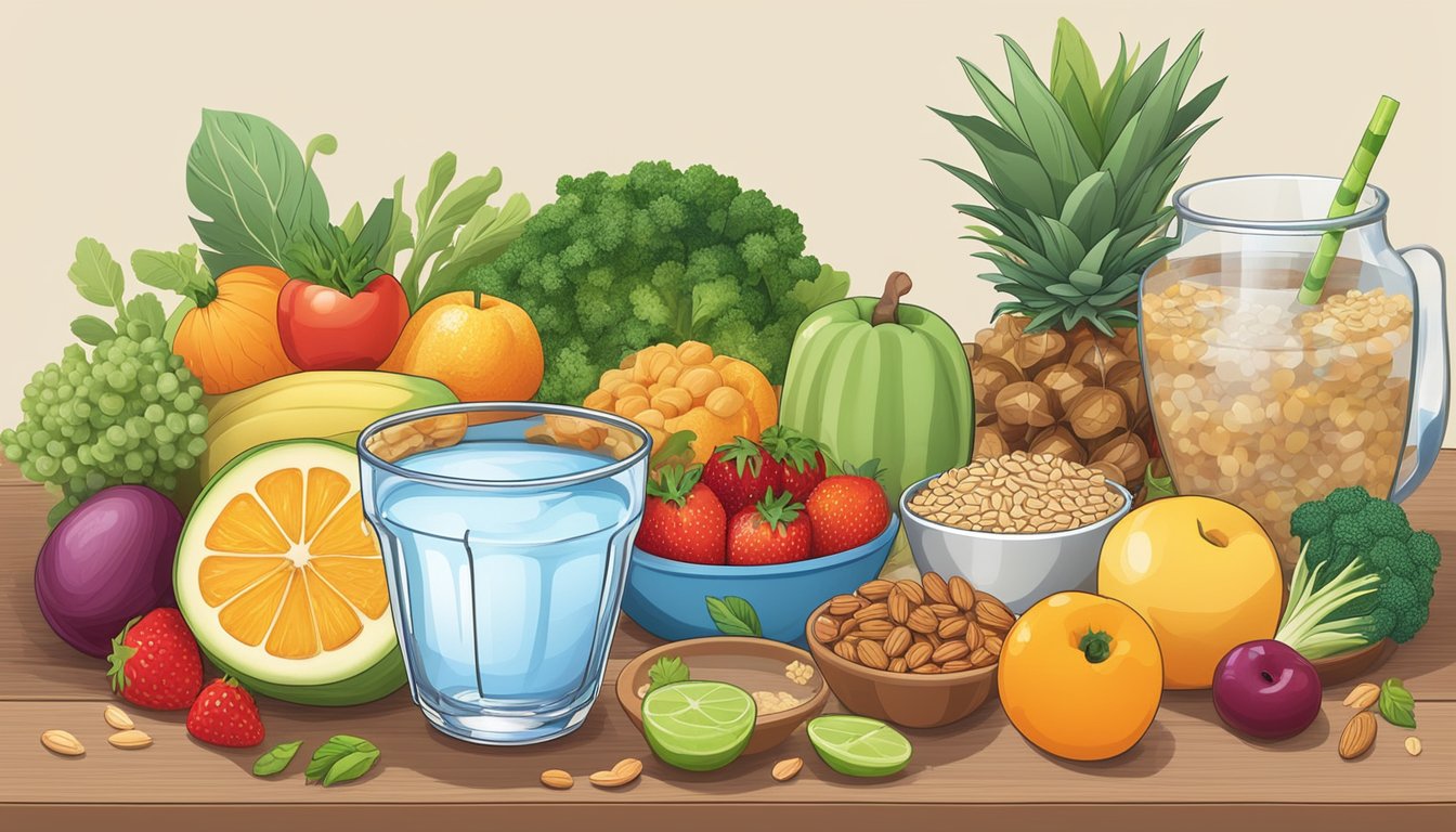 A glass of water and a bowl of fruits on a table, surrounded by a variety of fiber-rich foods like vegetables, nuts, and whole grains