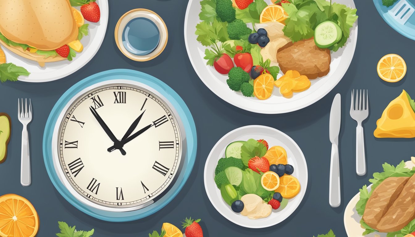 A clock showing different times of day with a plate of food next to it, illustrating the concept of intermittent fasting for specific health conditions