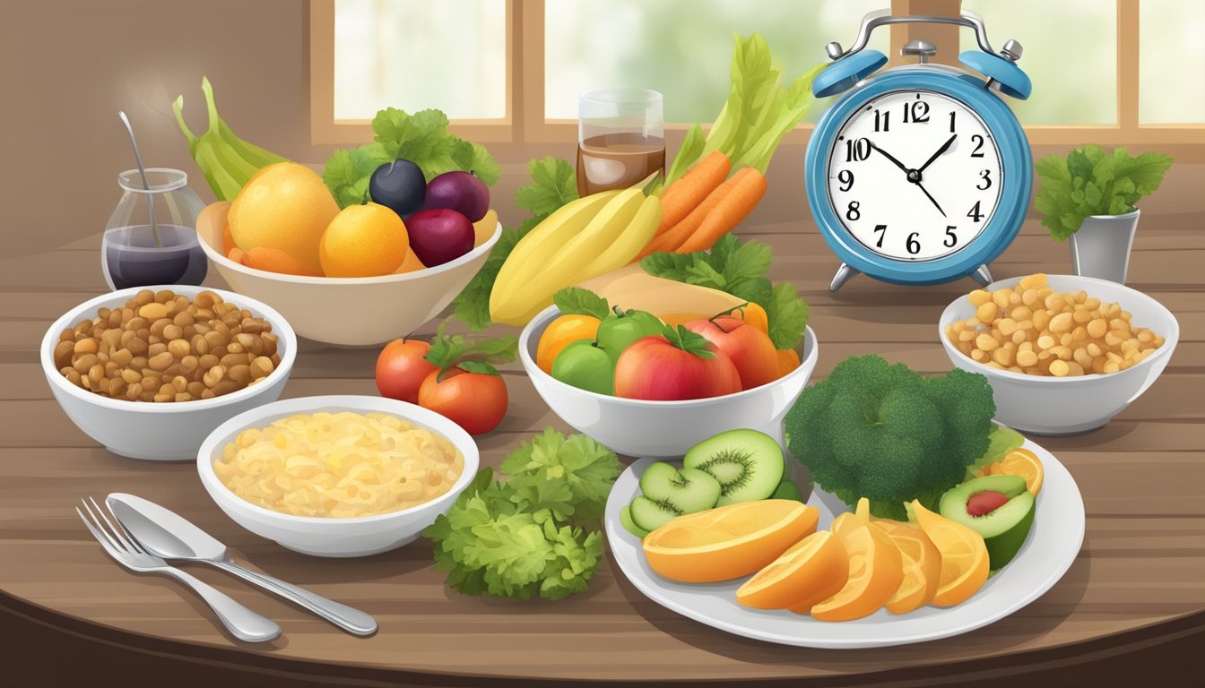 A table set with a variety of healthy foods and a clock indicating the fasting and eating windows