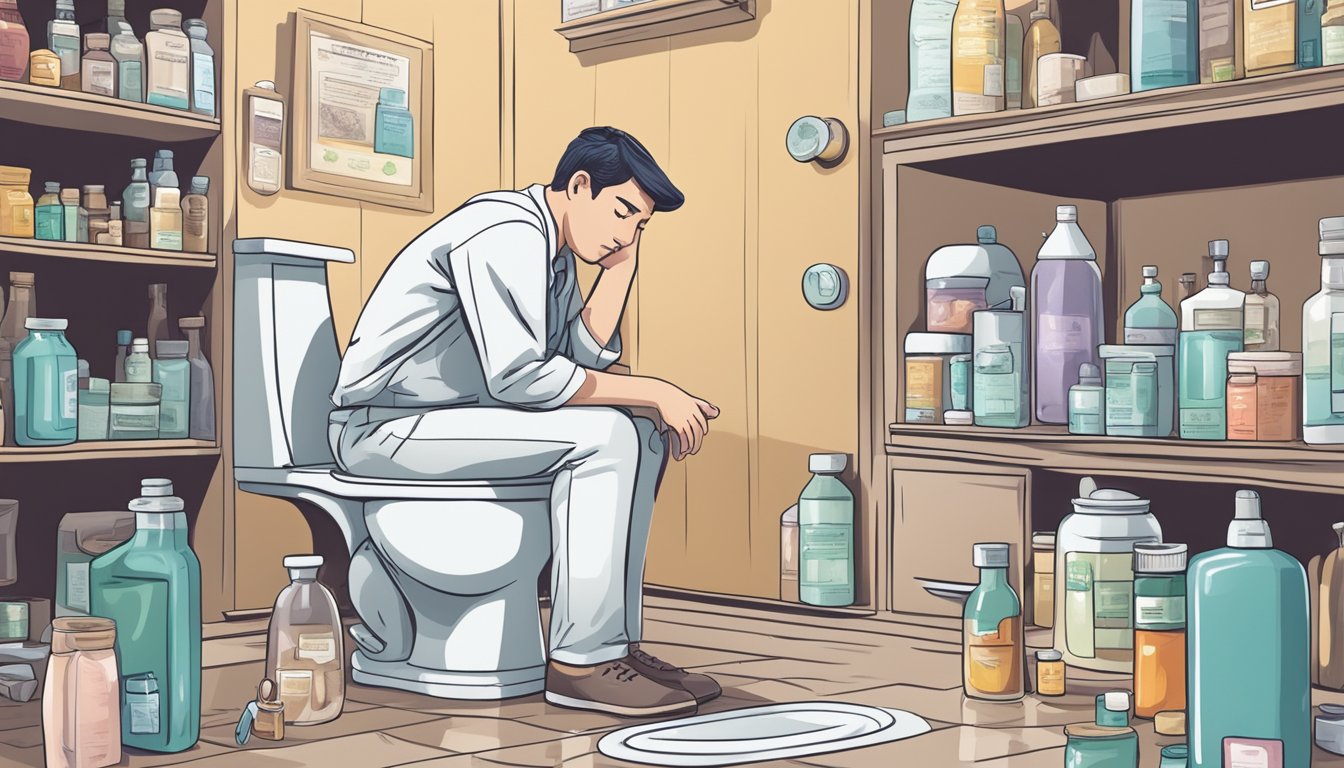 A person sitting on a toilet with a concerned expression, surrounded by various over-the-counter remedies for digestive issues