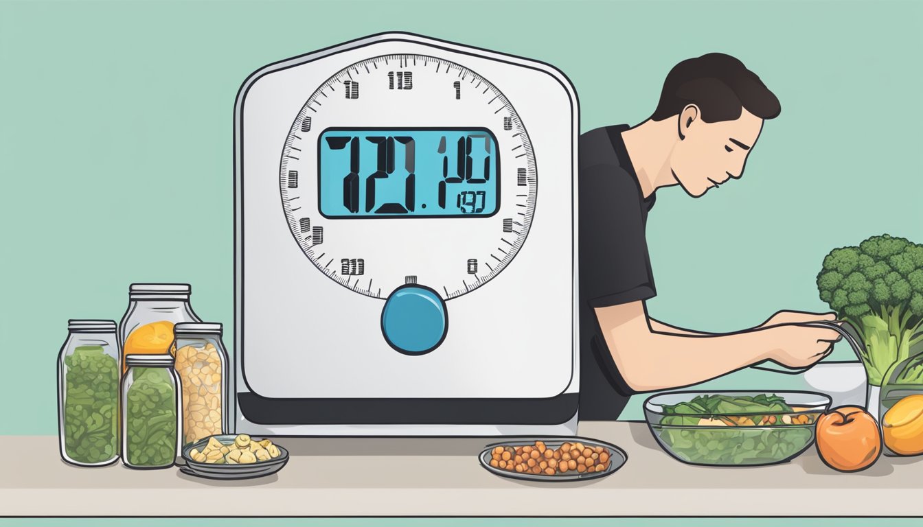 A scale with a decreasing number display, a clock showing a restricted eating window, and a person adjusting their meal plan