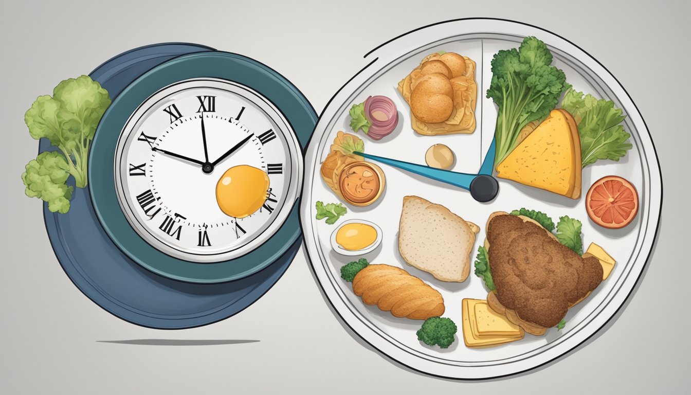 A clock showing 7AM and 7PM, a plate of food untouched for 12 hours, and a diagram of metabolic processes