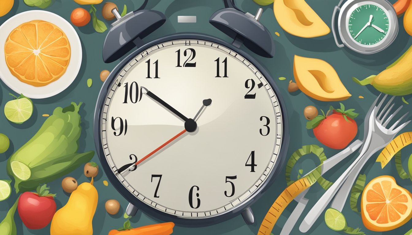 A clock showing 12 hours, a plate of healthy food, and a measuring tape