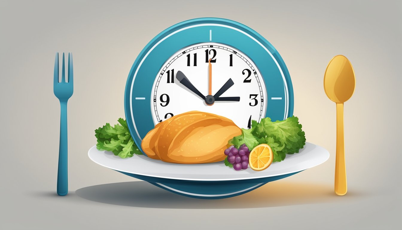 A clock showing 12 o'clock with a plate of food on one side and an empty plate on the other, depicting the concept of 12 12 intermittent fasting