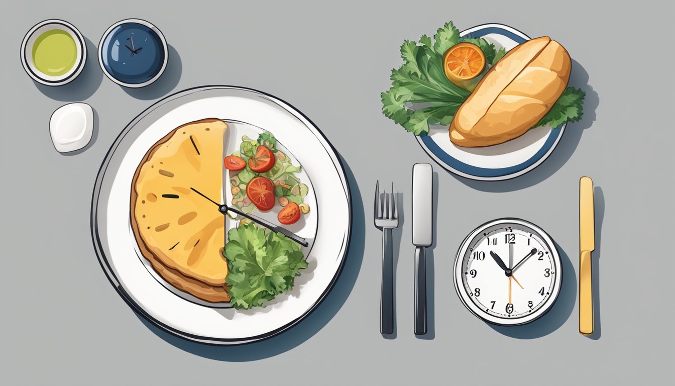 A clock showing 7am and 7pm, with a plate of food and an empty plate side by side