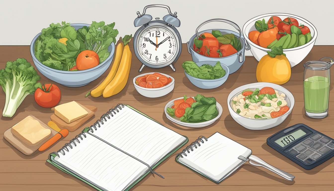 A kitchen counter with various fresh ingredients and cooking utensils laid out, a digital clock displaying the time at 12:12, and a meal planning notebook open to a page on intermittent fasting