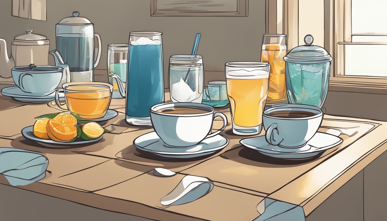 A table with a variety of beverages, including water, tea, and coffee, next to a clock showing 12:12