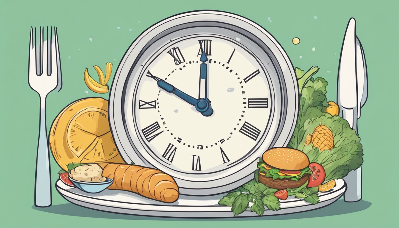 A clock showing 12:12, a plate of food being set down, and a stomach with arrows indicating digestion