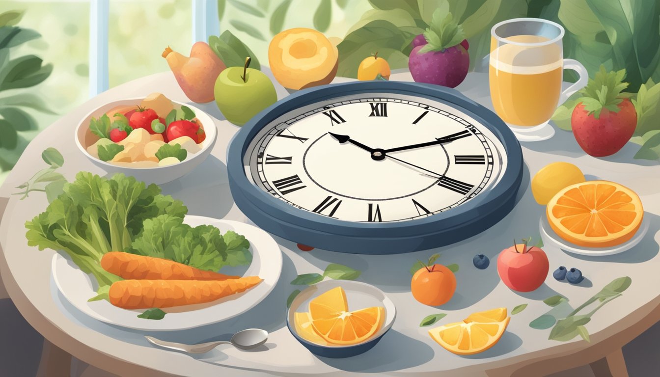 A peaceful, serene setting with a clock showing 12:00, surrounded by images of healthy food and calming activities