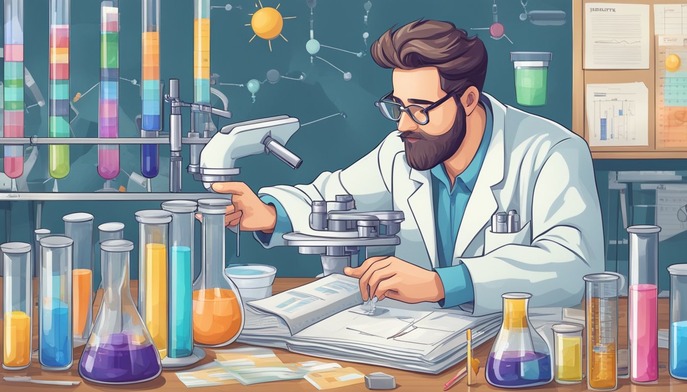 A scientist conducting experiments with test tubes and lab equipment, surrounded by research papers and charts on intermittent fasting