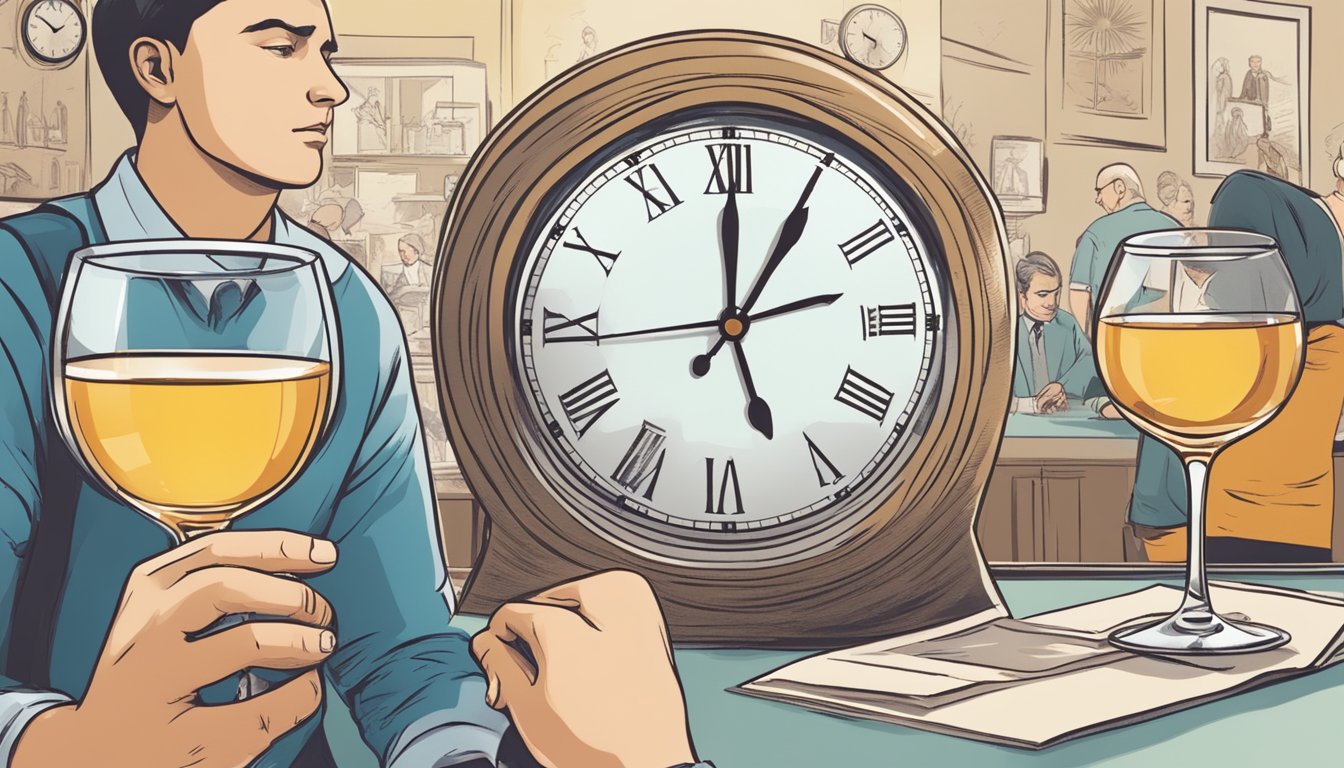 A person setting down a glass of alcohol next to a clock showing a specific time, surrounded by images of social gatherings and internal struggles