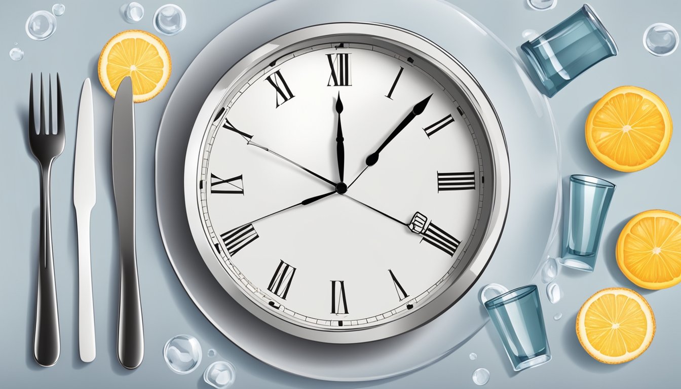 A clock showing the time between meals, a plate of food, and a glass of water on a table