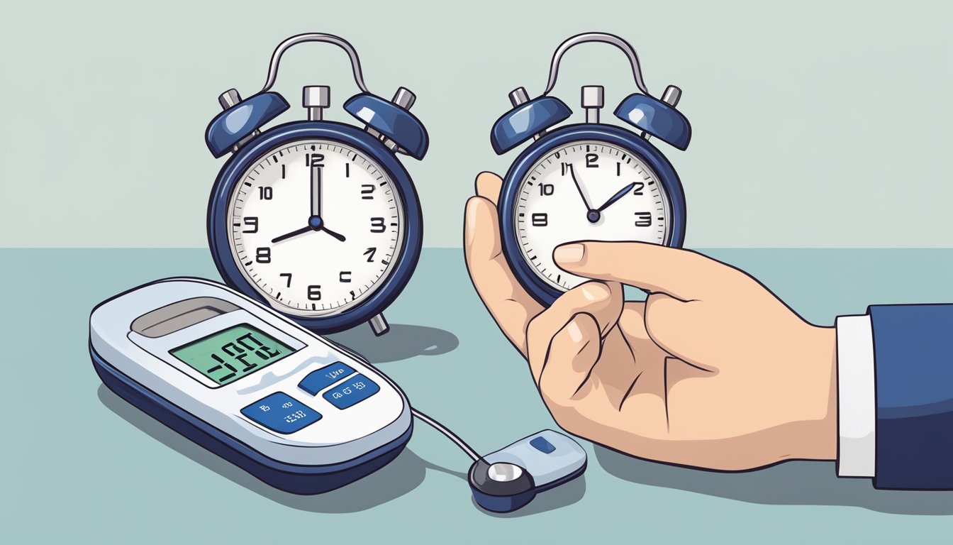 A person measuring blood glucose levels with a glucometer and a clock showing the time, indicating the concept of fasting and metabolic health