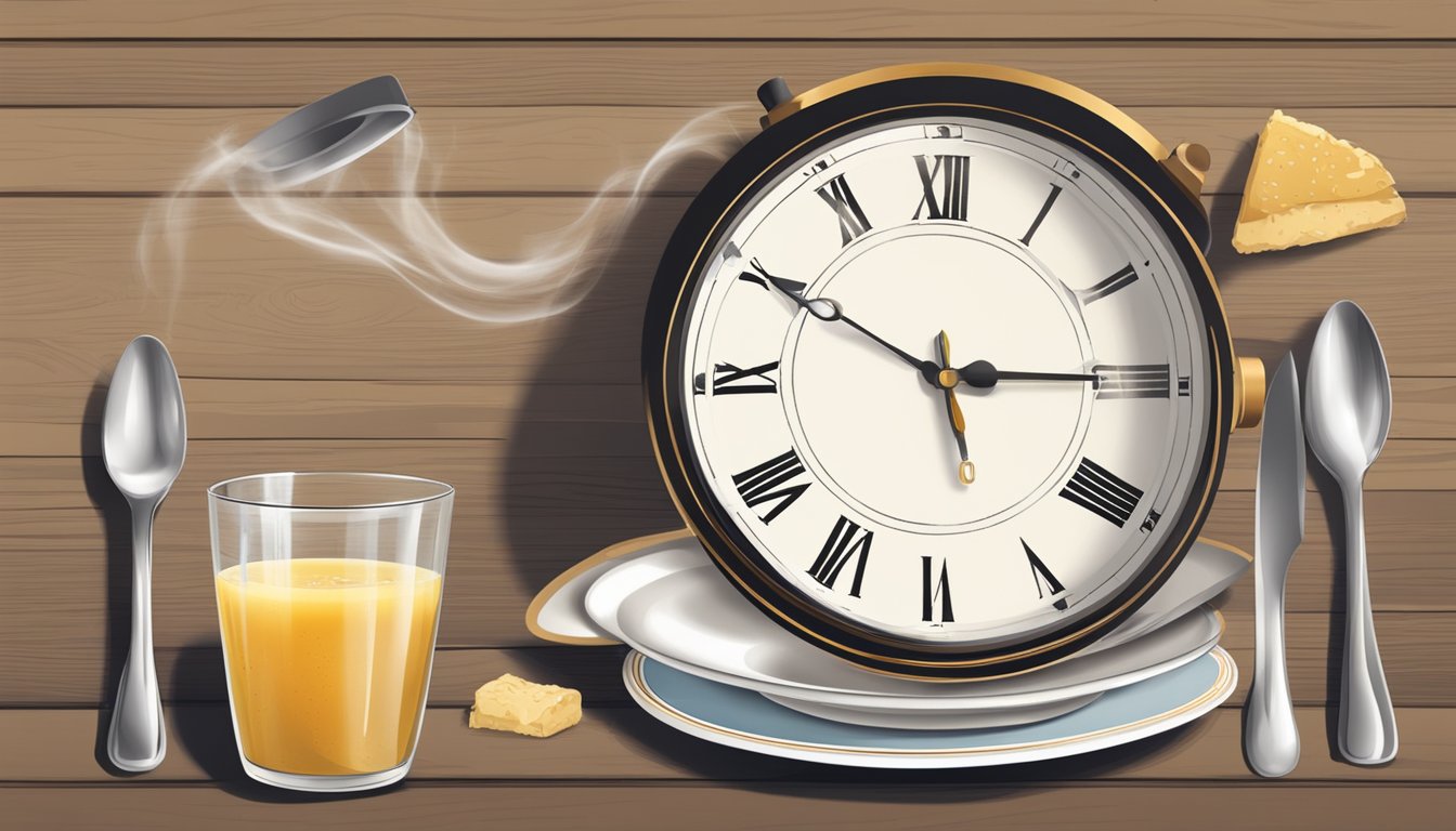 A clock showing the passing of time, a steaming bowl of bone broth, and an empty plate symbolizing the fasting period