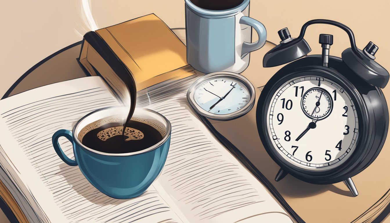 A person sipping black coffee while reading a book on fasting and a stopwatch set for intermittent fasting