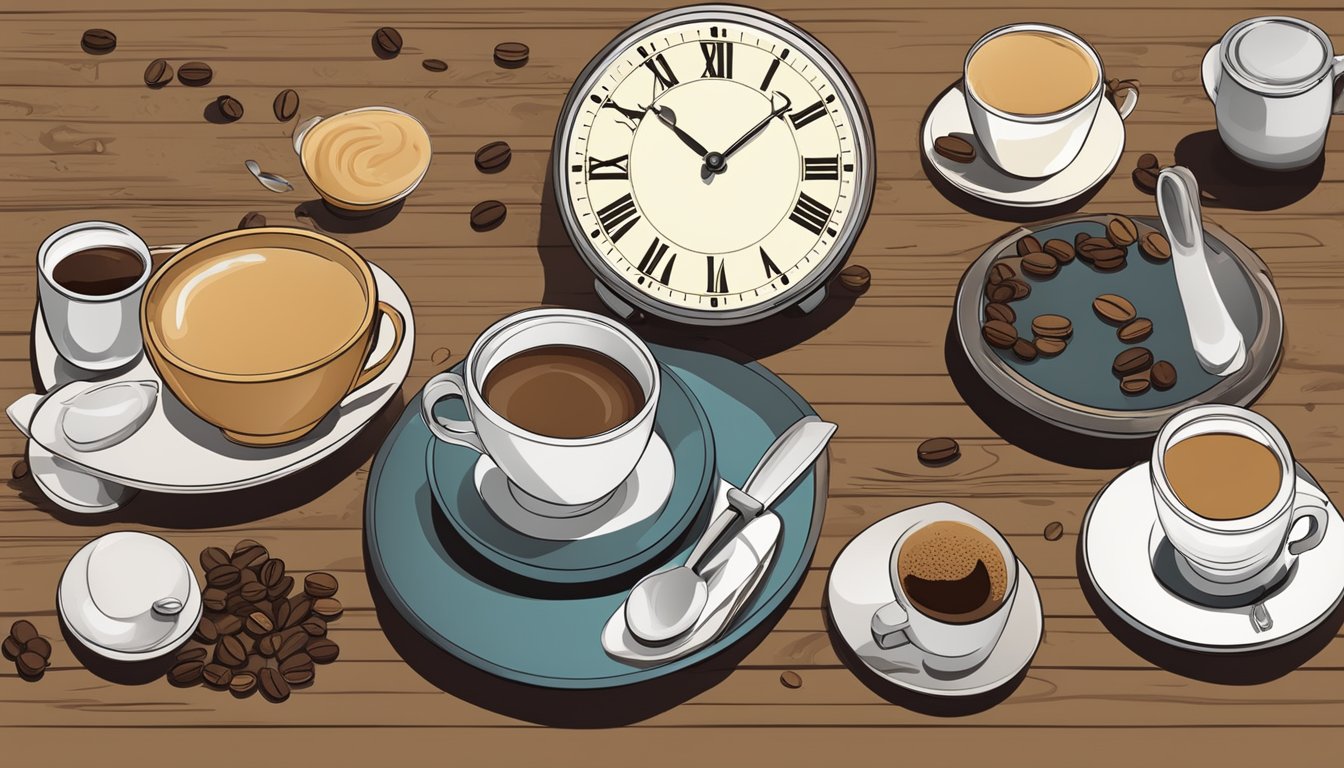 A table with various coffee types and a clock indicating fasting time