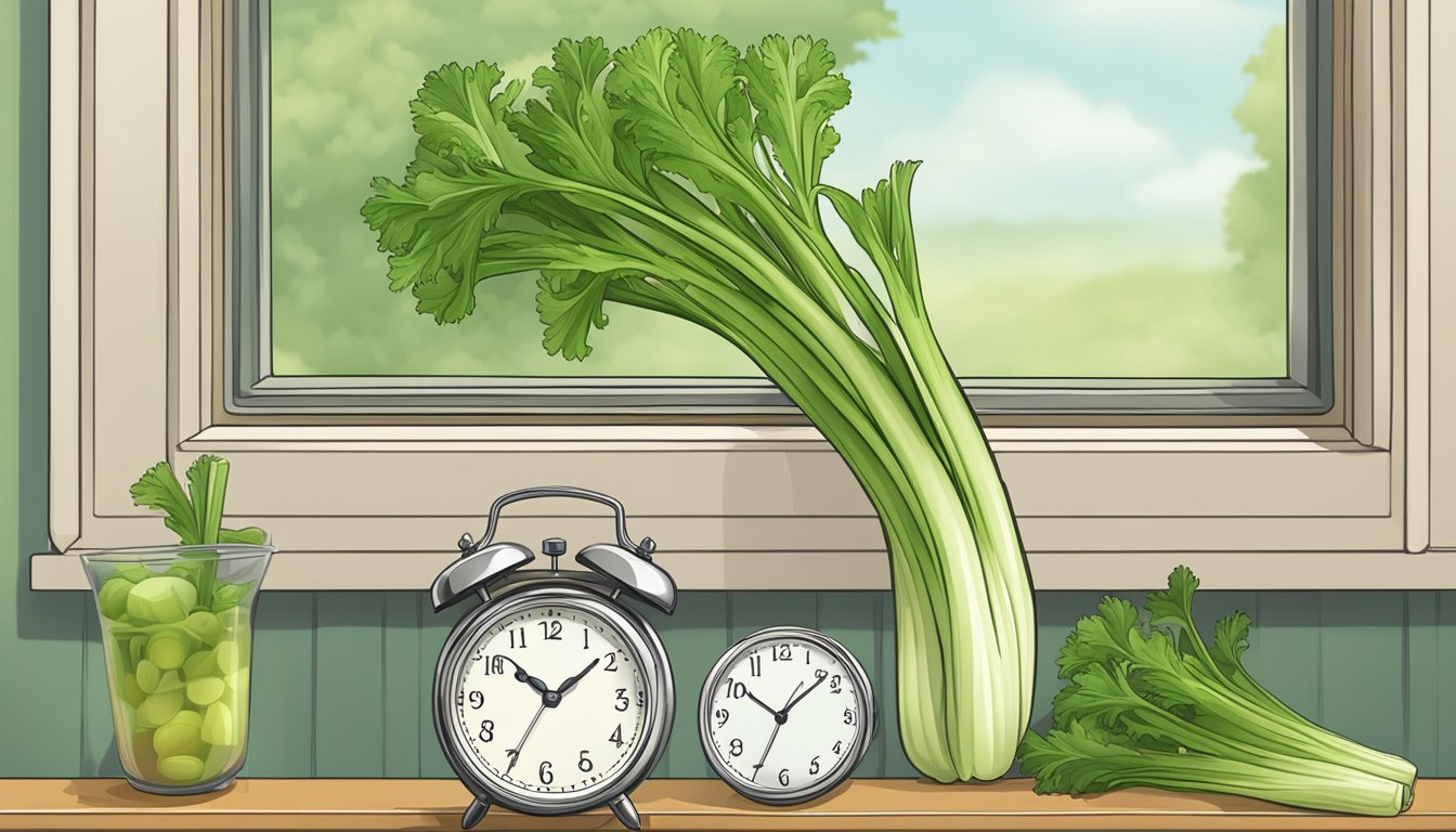 A stalk of celery next to a clock showing a fasting window. Nutritional information displayed in a corner