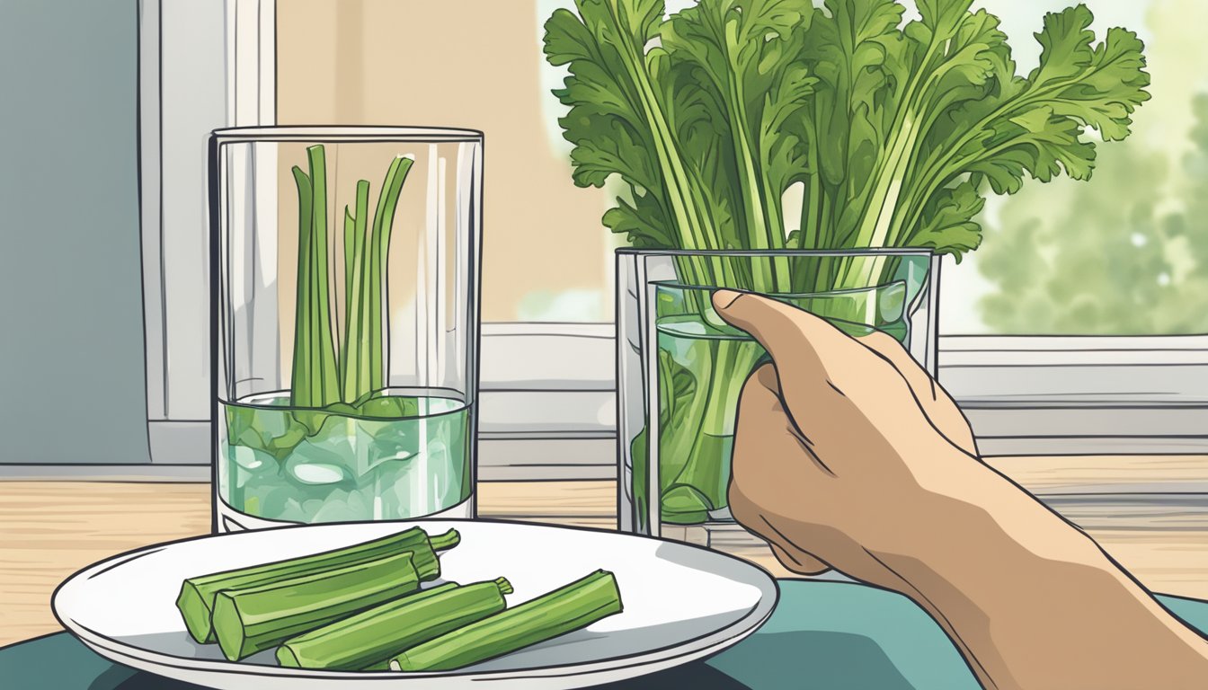 A person's hand reaching for a stalk of celery while a glass of water sits nearby