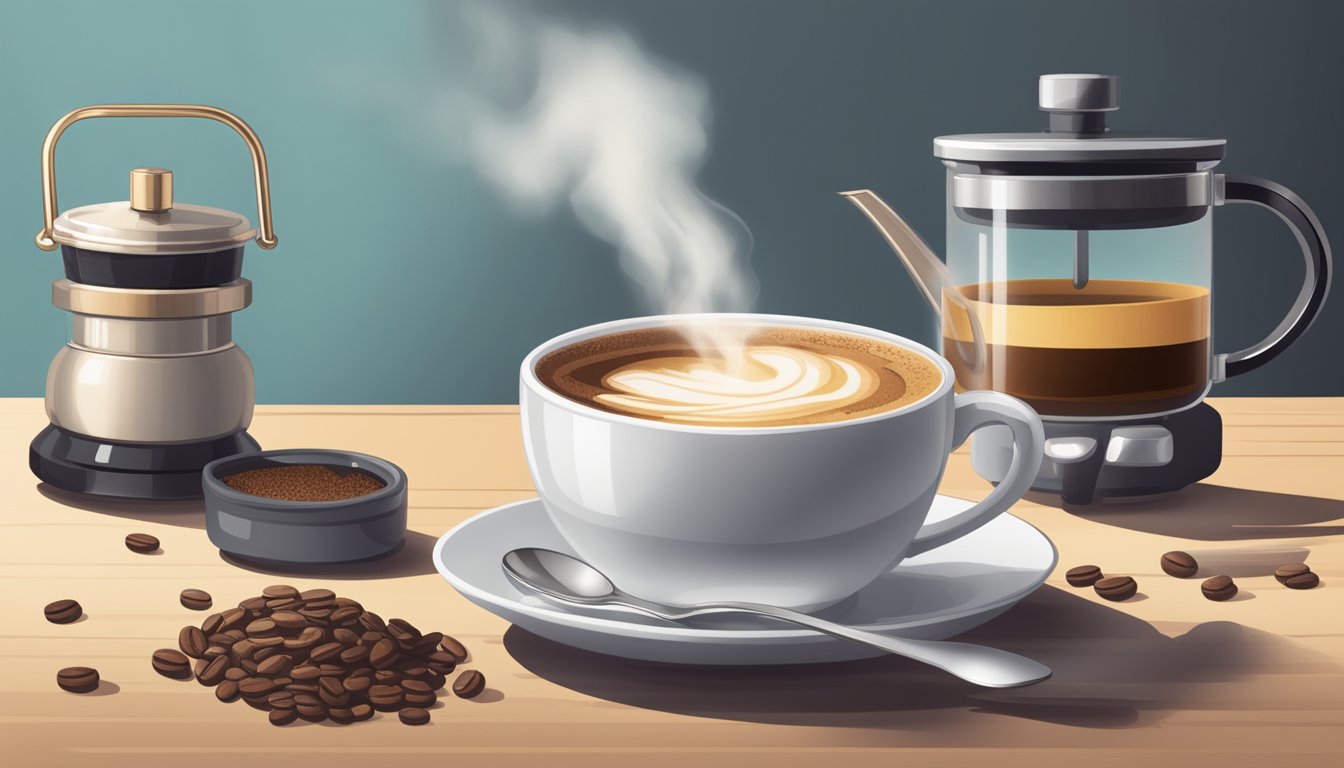 A steaming cup of coffee with various additives sits next to a timer indicating the passage of time, illustrating the impact of additives on intermittent fasting