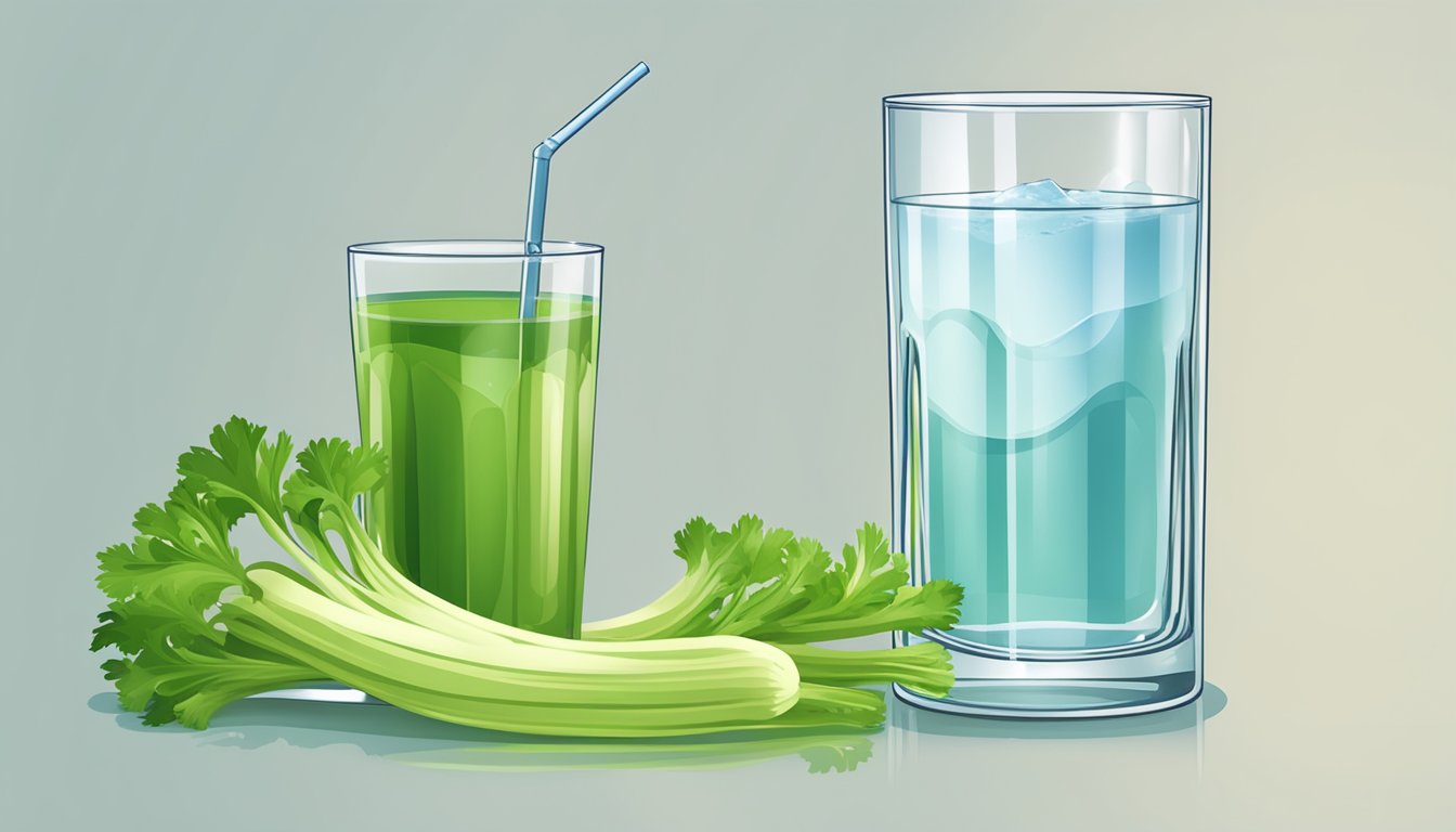 A glass of water with a stalk of celery placed next to a timer set for fasting