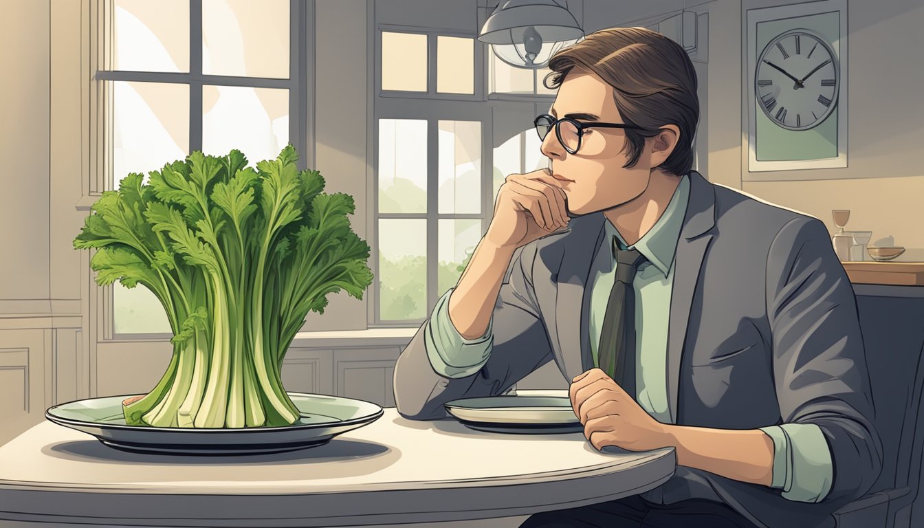 A person sitting at a table with a plate of celery and a clock, looking contemplative