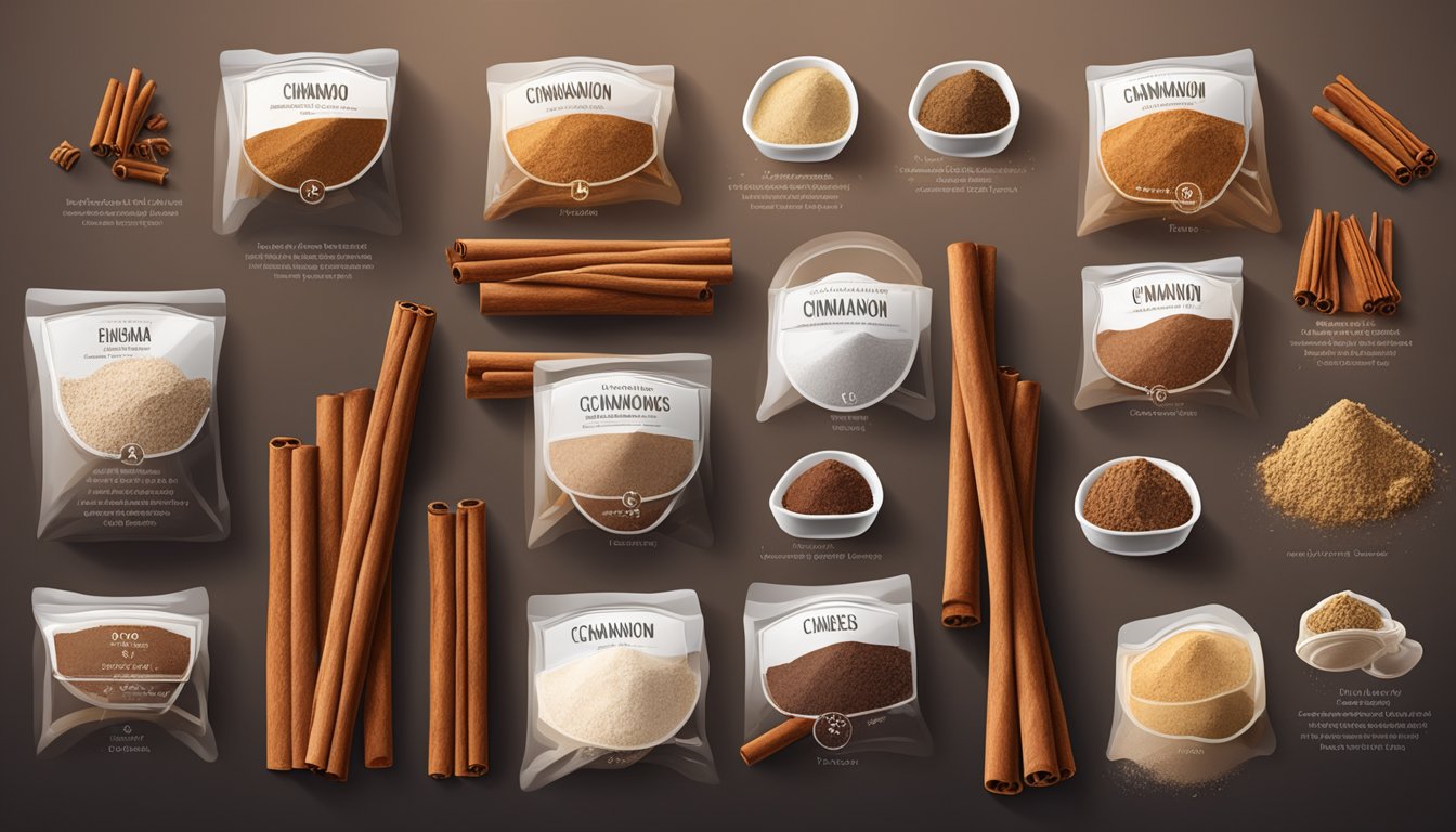 A variety of cinnamon sticks and powder arranged with labels showcasing their unique properties