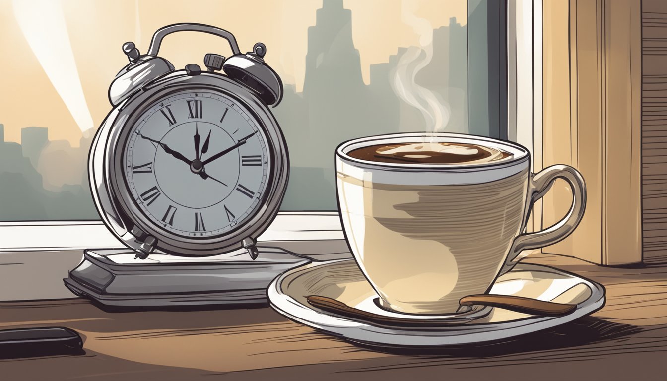 A steaming cup of coffee sits untouched beside a clock showing the time window for intermittent fasting