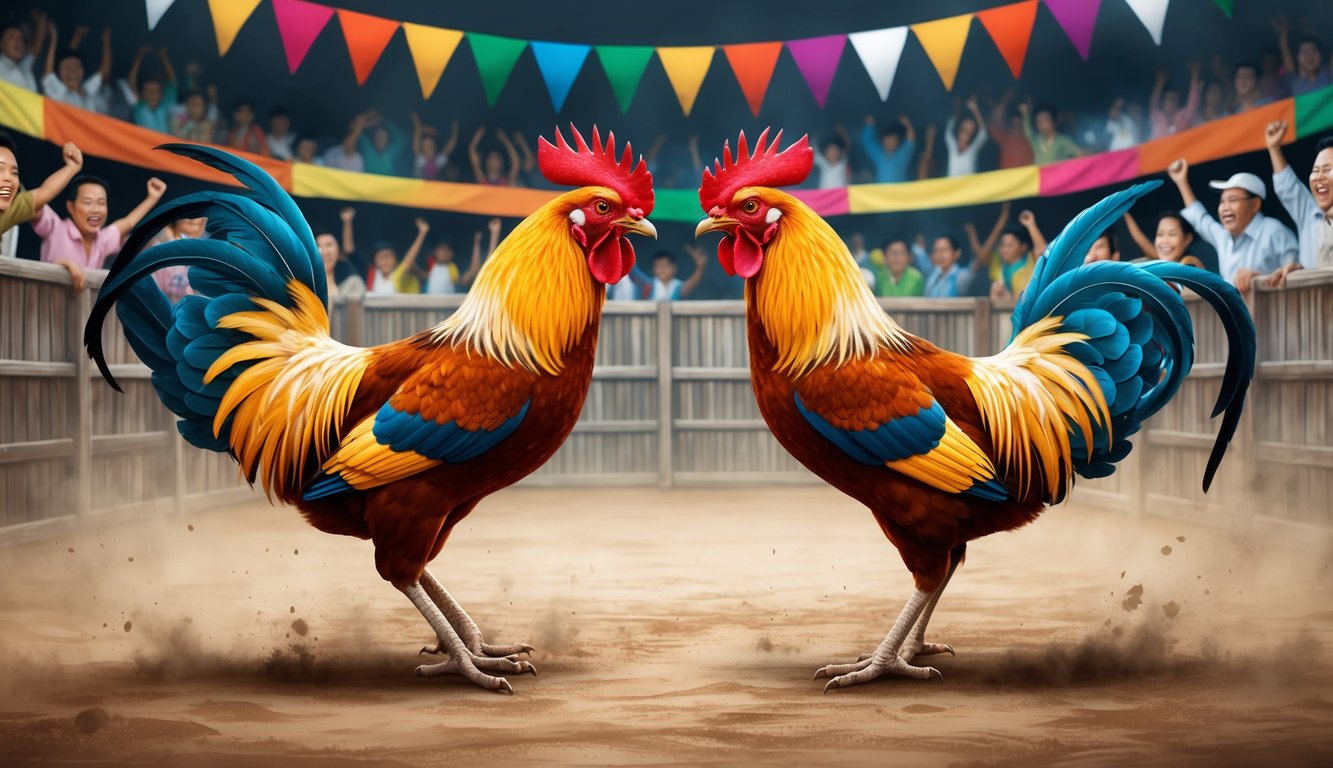 Dua ayam jantan berhadapan di arena sabung ayam tradisional Indonesia, dikelilingi oleh penonton yang bersorak-sorai dan spanduk berwarna-warni.