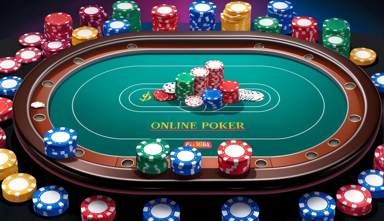 Meja poker online yang berwarna-warni dan cerah dengan chip dan kartu